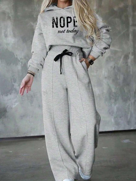 Geripptes Zweiteiliges Damen-Set mit Langarm und Gemustertem Bund – Grau